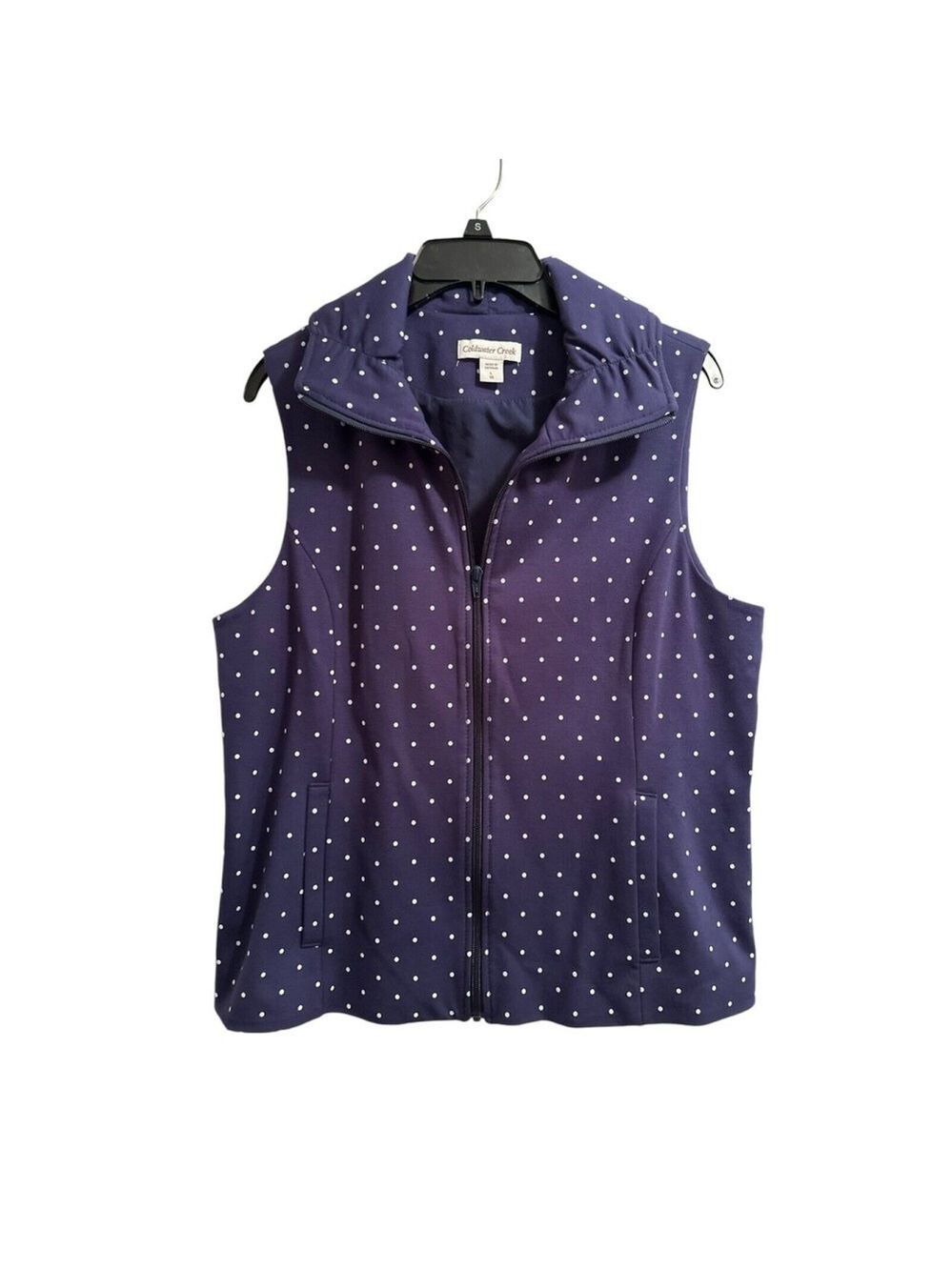 Coldwater Creek Polka Dot Lined Vest Navy Blue & White Womens Large Pockets